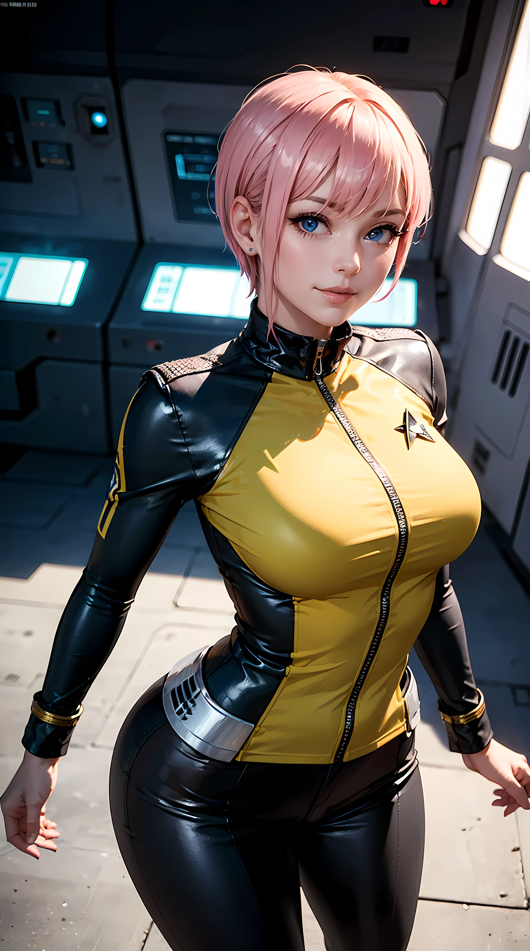 Beautiful short pink hair woman is shown to have a sexy figure, She is wearing classic star trek yellow uniform, jewelry, she has blue eyes, smile tease look, Girl standing on a bridge of a starship, sexy session, poseing, portrait, superior quality, many details, realistic