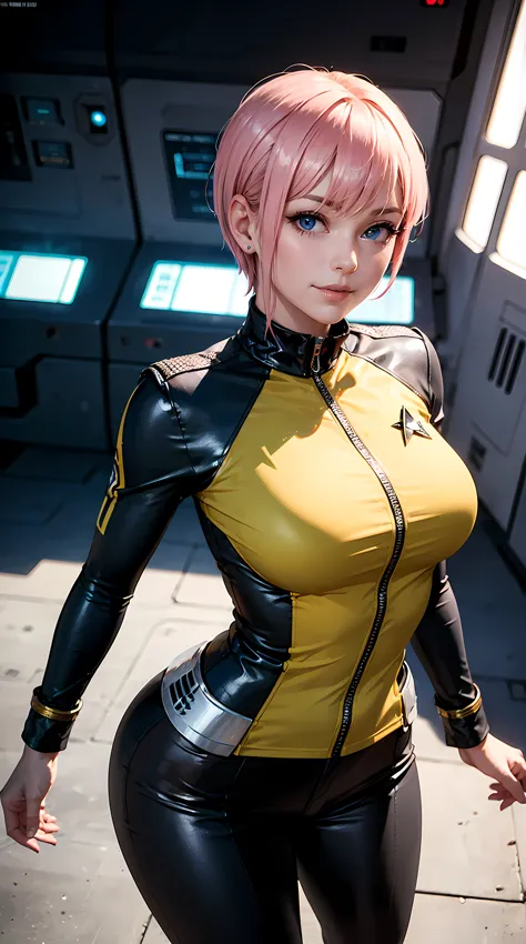 Beautiful short pink hair woman is shown to have a sexy figure, She is wearing classic star trek yellow uniform, jewelry, she ha...