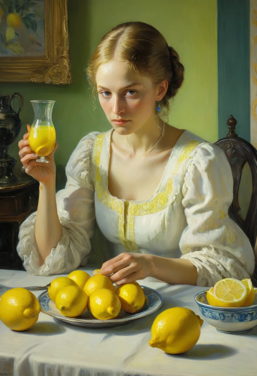 레몬을 먹는 사람들, 도전, 안나 앵커(Anna Ancher), 최고의 품질, 걸작, 매우 심미적이다, 완벽한 구성, 복잡한 세부 사항, 매우 상세한