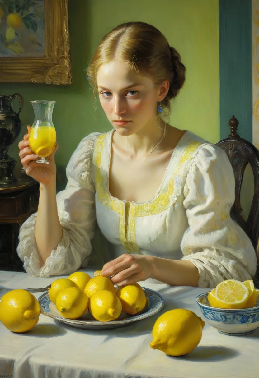 people Eating Lemon, Challenge, by Anna Ancher, best quality, masterpiece, very aesthetic, perfect composition, intricate details, ultra-detailed