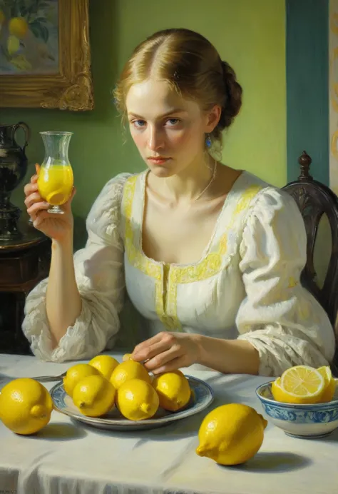 people Eating Lemon, Challenge, by Anna Ancher, best quality, masterpiece, very aesthetic, perfect composition, intricate detail...