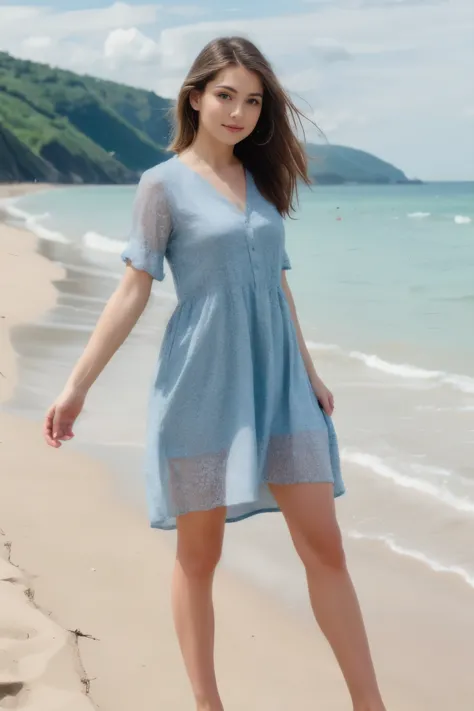 Beautiful Female,solo,Casual dress,dutch angle ,beach