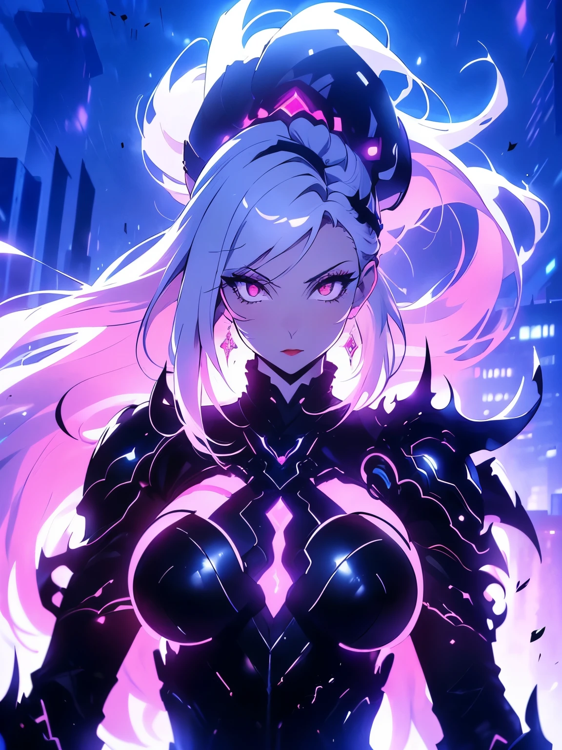anime, (artwork, best quality, ultra-detailed, high contrast), 1 woman (Alone, full body, plus size body, standing on the edge of the skyscraper, silver hair, LONG In a ponytail, red eyes (detailed eyes), passionate expression, red lips (perfect lips), ruby sparkles, (simple black qipao), high heel boots black cybernetics with neon pink), transparent black socks), (skyscraper roof, overlooking a city, detailed background ((night time, Darkness, low light pollution))) face in close