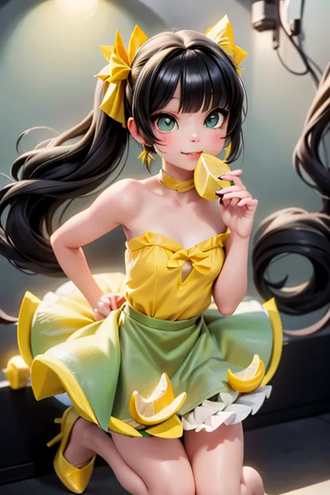 a cute girl ((eating lemon)), ((lemon eating)), (green) eyes, (green, eyeshadow makeup), red lips, (black hair), very large hair...