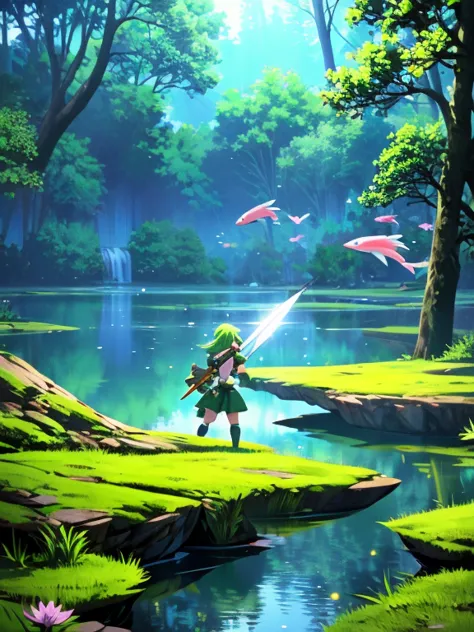 hunting girl, green hair, cute, with big bright eyes, armed with a spear about to attack a big fish inside a crystal clear lake ...