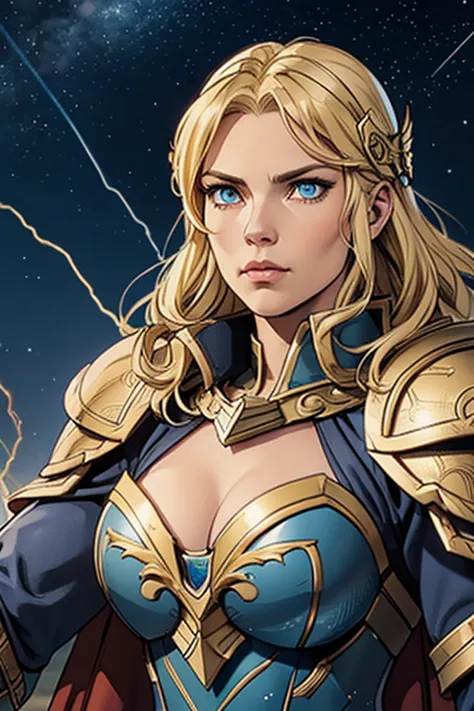 blonde haired norse goddess wearing a helmet, dark blue armor with gold trim, armored gauntlet. cape with star-field. cleavage. ...