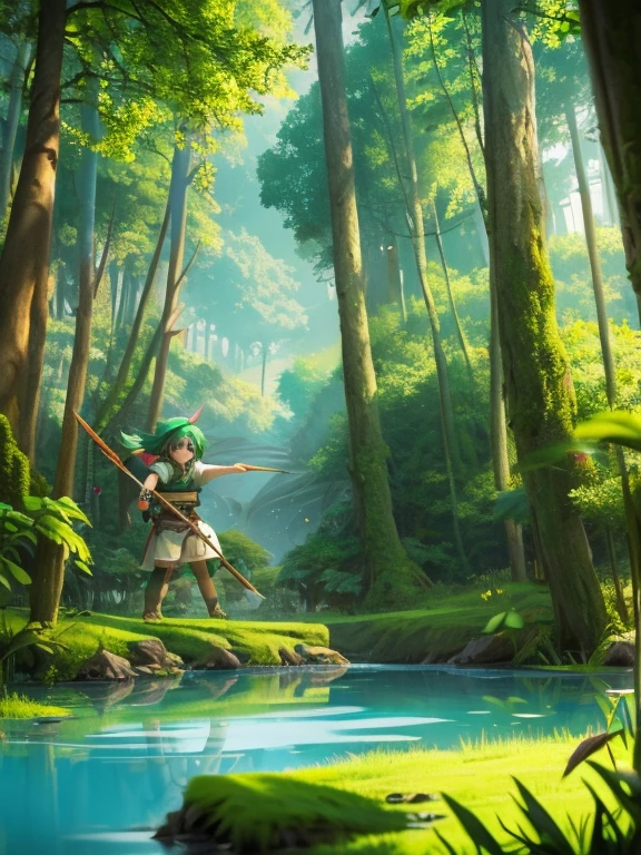 fille de chasse, cheveux verts, Mignon, avec de grands yeux brillants, armé d&#39;une lance sur le point d&#39;attaquer un gros poisson dans un lac cristallin dans une forêt magique, tendance primitive, anime d&#39;aventure pour enfants, chef-d&#39;œuvre, voici les tendances, vue dynamique, Qualité HD8K,