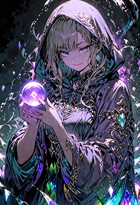 solo, female, sfw, medium shot, enigmatic smile, hooded, reading crystal ball, mystery, magic, flowing clothes
