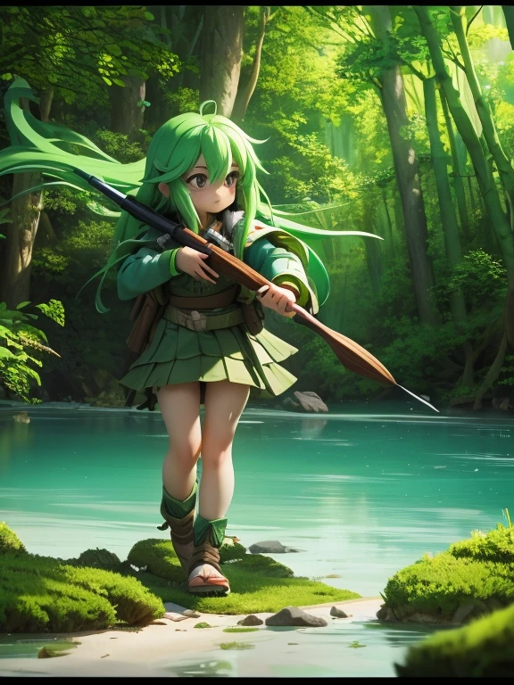 garota caçadora, cabelo verde, bonitinho, grandes olhos brilhantes, armado com uma lança prestes a atacar um grande peixe dentro de um lago cristalino em uma floresta mágica, tendência primitiva, anime de aventura infantil, obra de arte, aqui estão as tendências, ver dinâmica, Qualidade HD8k,