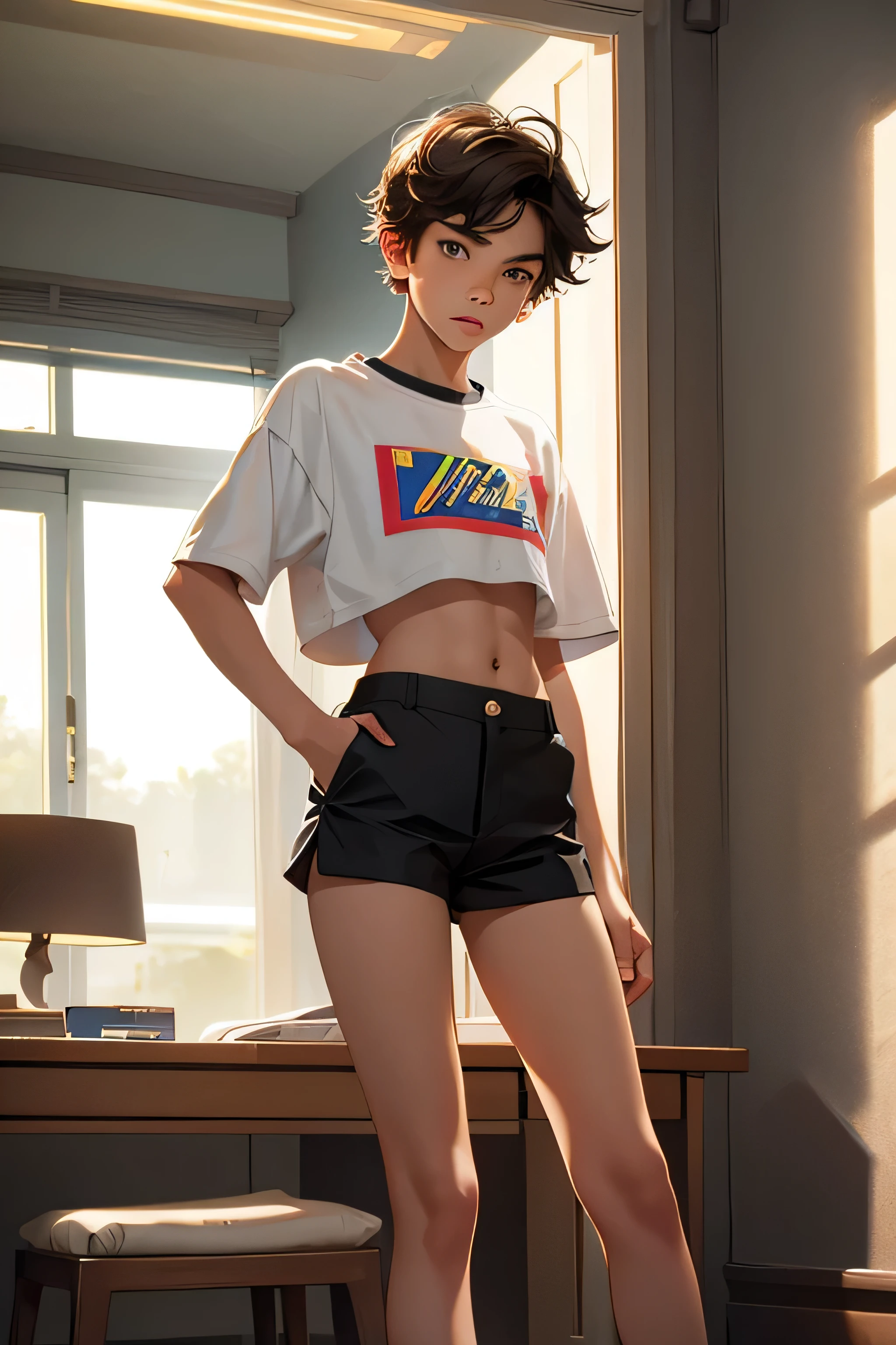 Teen boy-model 14 years old, boy wears a crop shirt and too very short mini shorts, beautiful legs, hot summer, highest quality,