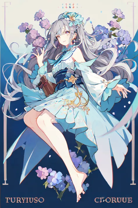 (masterpiece、最high quality、high quality)、One Girl、Girl with hydrangea in bloom、The tips of the hair are blue、Gray Hair、Long Hair...