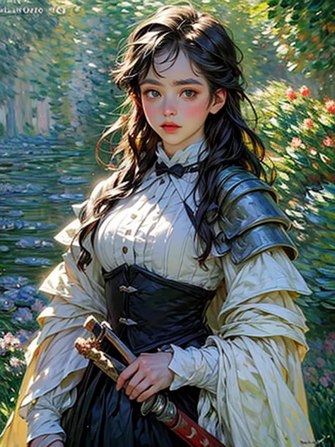 (Claude Monet Style:1.5) Claude_Monet, a picture of woman paladin of nature protecting the forest, a woman knight, black hair, l...