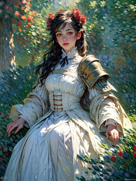 (Claude Monet Style:1.5) Claude_Monet, a picture of woman paladin of nature protecting the forest, a woman knight, black hair, l...