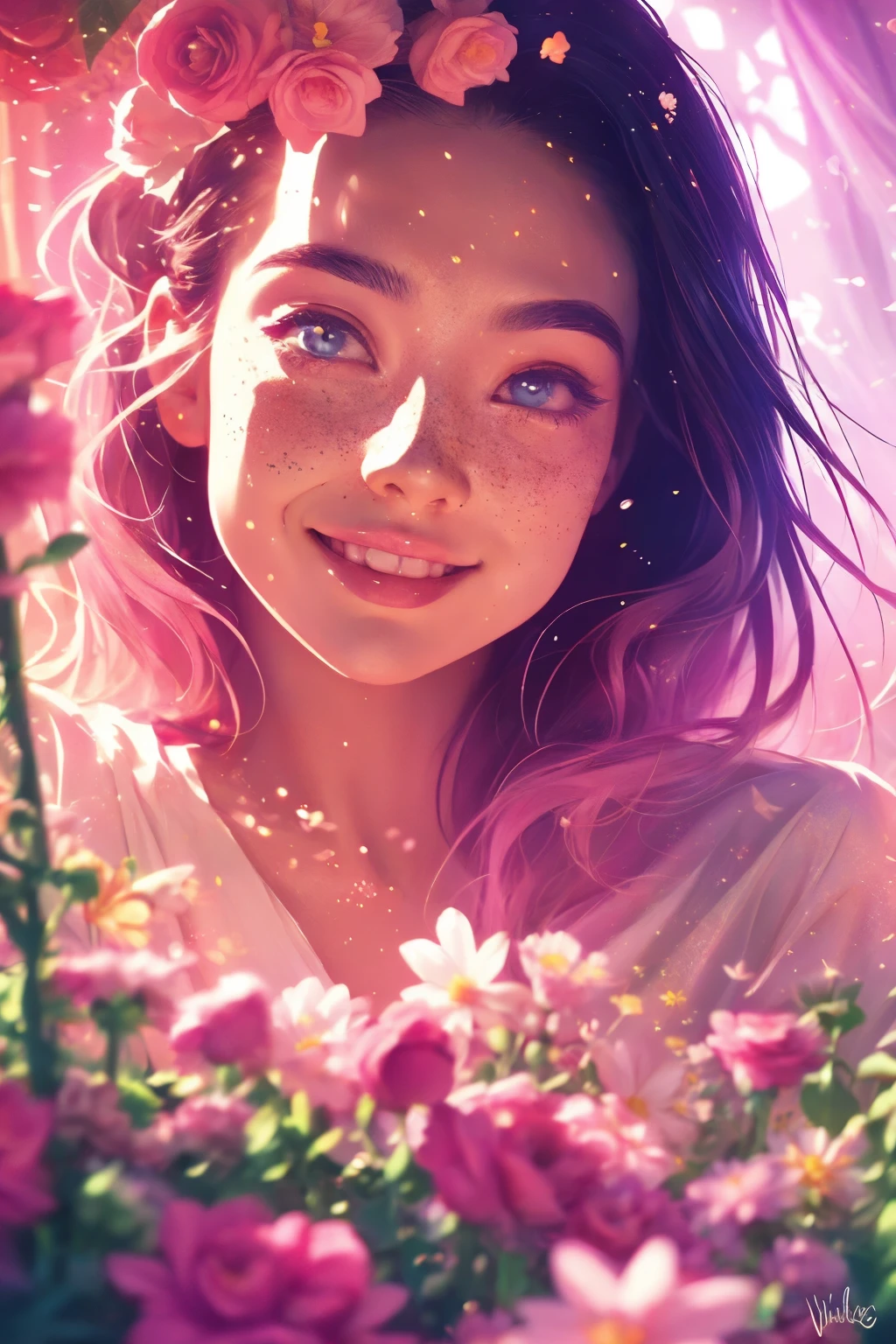 (C&#39;est une belle, complexe, (romantique) fantasy image that emphasizes beauty Et grace.) Generate a blind curvy woman avec soft natural freckles. Her face is important Et should be (Parfaitement formé) avec (beautiful Lèvres gonflées) Et (fonctionnalités parfaites). Il y a une jolie tache de rousseur sur sa lèvre. The image exudes ethereal beauty Et soft fantasy, avec Miroitering shades of pink throughout. Surround her avec eternal roses in Miroitering shades. Assurer la perfection de son visage, cheveux, Et eyes. Include doux Et detailed birds Et soft, luminous flowers Et detailed roses. Utilize dynamic composition Et dramatic lighting Et cinematic lighting to create an Intéressant fantasy image. The background of the image is Intéressant Et ultra-detailed, avec soft fantasy lighting Et gradients. Inclure des détails fantastiques, aura mignonne, Coloré, coloré, Et Intéressant magical background. Le fond de l&#39;image est décoré dans des tons de rose, Miroiter, Paillettes, Et fantasy details like colored bubbles Et cosmos. Inclure des taches de rousseur subtiles, natural freckles Et a diffused realistic skin tone. Incorporer des éléments de haute fantaisie, fantaisie, Et detailed elegance. Rose anglaise, princesse, courtisane, noble, doux, Adorable, calme, Adorable, Miroitering, scintillant, Paillettesing, fantaisie astrologique, (((chef-d&#39;œuvre))), (la plus haute qualité), rose magique, jardin fantastique, Beau visage, visage parfait, Lèvres gonflées, Intéressant, sourire timide, éléments fantastiques, rose magique, Beaux yeux, perfect Lèvres gonflées, tons de bijoux, luminosité. Taken avec a canon camera.