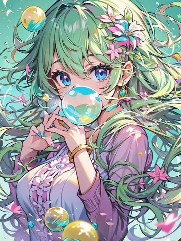 (Artwork), (best quality), (ultra detailed), (disheveled hair), (illustration), (1 girl), (Fashion clothes), standing, Fashion model, looking at viewer, (interview ), (simple background),beautiful detailed eyes, delicate and beautiful face, Floating,(High Saturation),(colorful splashes),Colorful Bubble,(shining), focus on face, ponytail, kamisato ayaka, light blue hair, bangs, hair ring, floating flowers, Floating Hair, (shining), better lighting, better shadow,