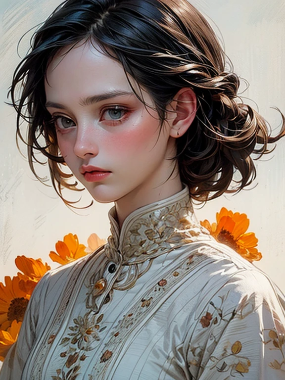 beautiful woman, sorrowful expression, faded elegance, poignant atmosphere, lost beauty, melancholic aura, hauntingly captivating, timeless grief, stark contrast, delicate decay, line art, wind, backlighting, stardust, knight, orange flowers, realistic, detailed, high quality, masterpiece,