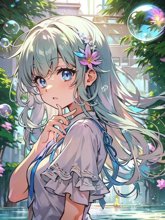 (Artwork), (best quality), (ultra detailed), (disheveled hair), (illustration), (1 girl), (Fashion clothes), standing, Fashion model, looking at viewer, (interview ), (simple background),beautiful detailed eyes, delicate and beautiful face, Floating,(High Saturation),(colorful splashes),Colorful Bubble,(shining), focus on face, ponytail, kamisato ayaka, light blue hair, bangs, hair ring, floating flowers, Floating Hair, (shining), better lighting, better shadow,