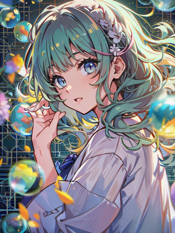 (Artwork), (best quality), (ultra detailed), (disheveled hair), (illustration), (1 girl), (Fashion clothes), standing, Fashion model, looking at viewer, (interview ), (simple background),beautiful detailed eyes, delicate and beautiful face, Floating,(High Saturation),(colorful splashes),Colorful Bubble,(shining), focus on face, ponytail, kamisato ayaka, light blue hair, bangs, hair ring, floating flowers, Floating Hair, (shining), better lighting, better shadow,