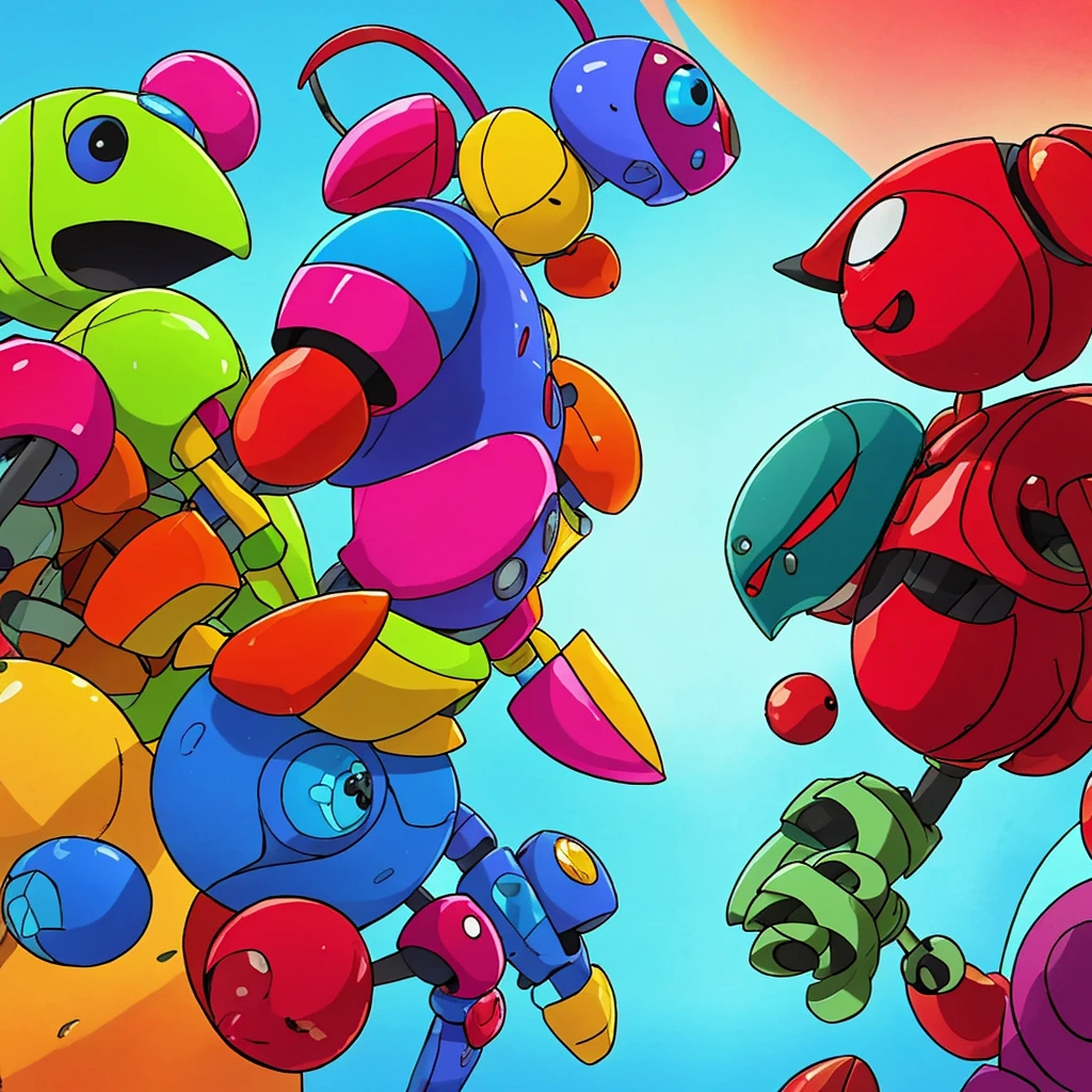 Fruit themed robots with feminine forms (colorful, curvy, sultry) face off against insect themed robots with male forms 9powerful, bulky), epic showdown on a battle scarred cyber world
