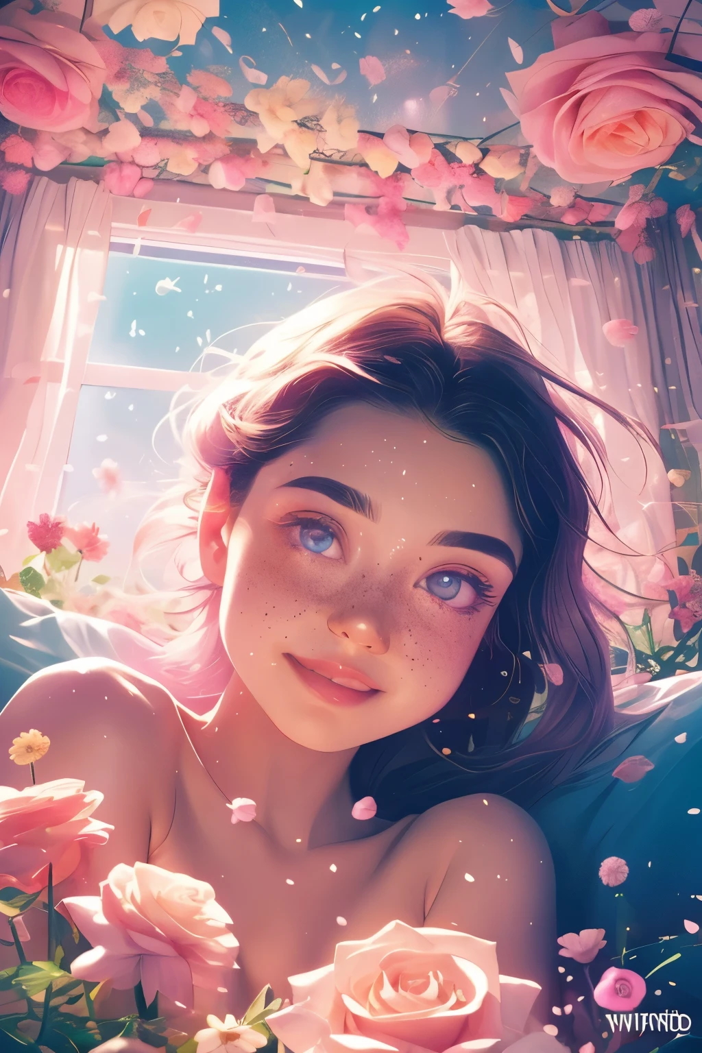 (C&#39;est une belle, complexe, (romantique) fantasy image that emphasizes beauty Et grace.) Generate a blind curvy woman avec soft natural freckles. Her face is important Et should be (Parfaitement formé) avec (beautiful Lèvres gonflées) Et (fonctionnalités parfaites). Il y a une jolie tache de rousseur sur sa lèvre. The image exudes ethereal beauty Et soft fantasy, avec Miroitering shades of pink throughout. Surround her avec eternal roses in Miroitering shades. Assurer la perfection de son visage, cheveux, Et eyes. Include doux Et detailed birds Et soft, luminous flowers Et detailed roses. Utilize dynamic composition Et dramatic lighting Et cinematic lighting to create an Intéressant fantasy image. The background of the image is Intéressant Et ultra-detailed, avec soft fantasy lighting Et gradients. Inclure des détails fantastiques, aura mignonne, Coloré, coloré, Et Intéressant magical background. ((jolie chambre)), ((lit)), Le fond de l&#39;image est décoré dans des tons de rose, Miroiter, Paillettes, Et fantasy details like colored bubbles Et cosmos. Inclure des taches de rousseur subtiles, natural freckles Et a diffused realistic skin tone. Incorporer des éléments de haute fantaisie, fantaisie, Et detailed elegance. Rose anglaise, princesse, courtisane, noble, doux, Adorable, calme, Adorable, Miroitering, scintillant, Paillettesing, fantaisie astrologique, (((chef-d&#39;œuvre))), (la plus haute qualité), rose magique, jardin fantastique, Beau visage, visage parfait, Lèvres gonflées, Intéressant, sourire timide, éléments fantastiques, rose magique, Beaux yeux, perfect Lèvres gonflées, tons de bijoux, luminosité. Taken avec a canon camera.