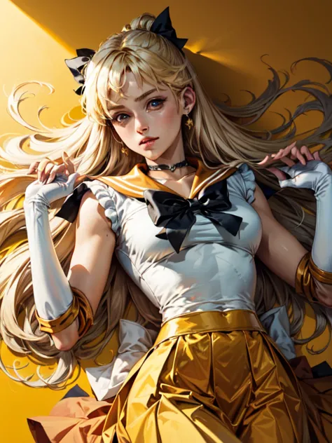 sailor_venus, lying, simple yellow background, (masterpiece, best quality, detailed:1.3) 