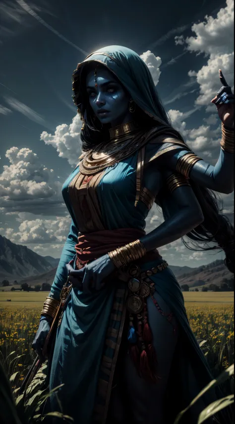 arab woman, blue skin, she has four arms, indian woman, battle rogue clothes, field, clouds