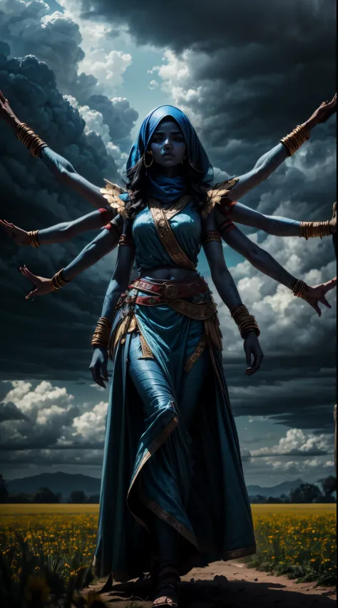 arab woman, blue skin, she has four arms, indian woman, battle rogue clothes, field, clouds 