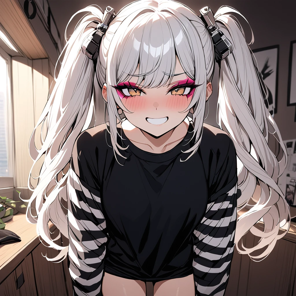 woman, Holo-Punk Style, perfect white hair, masterpiece, best quality, indoors,shy, grin, messy twintails, makeup, standing, posing, blush, black t-shirt, white striped sleeves