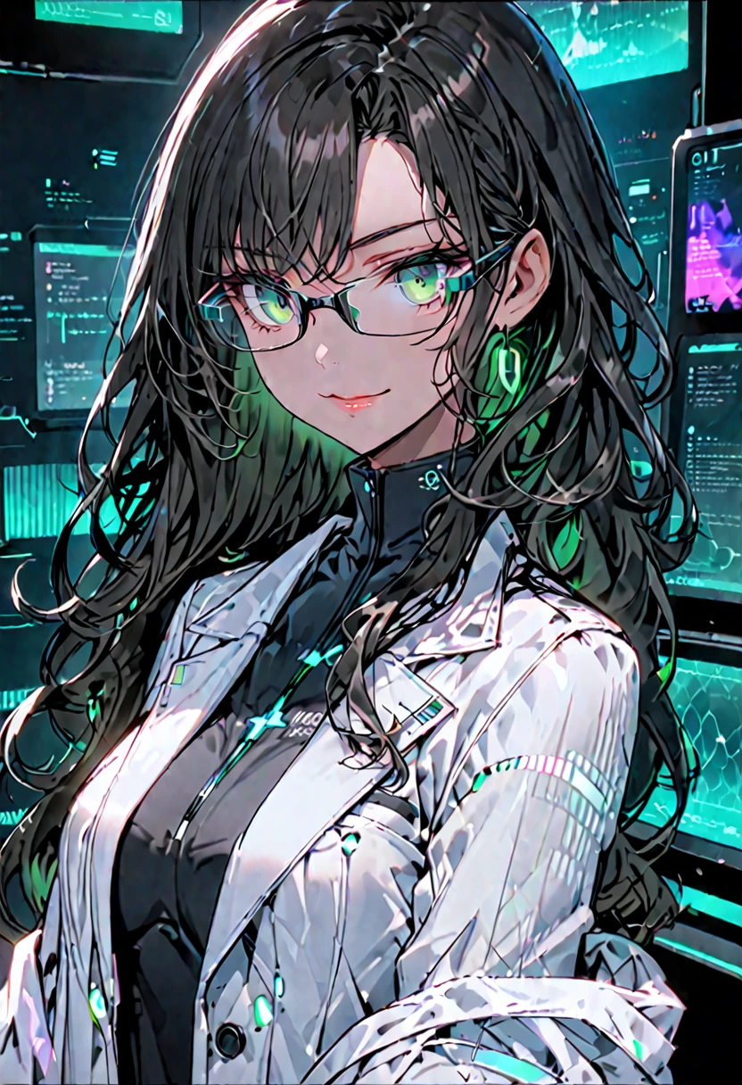 deep oceanic green eyes, holographic displays, dark chestnut hair, long hair, wavy hair:0.4, olive skin, voluptuous figure, tailored suits, exuding confidence and control, solo, female, sfw, medium shot, lab, futuristic, gentle smile, low light, warm, black glasses, thin rimmed glasses, white lab coat, cleavage:0.1