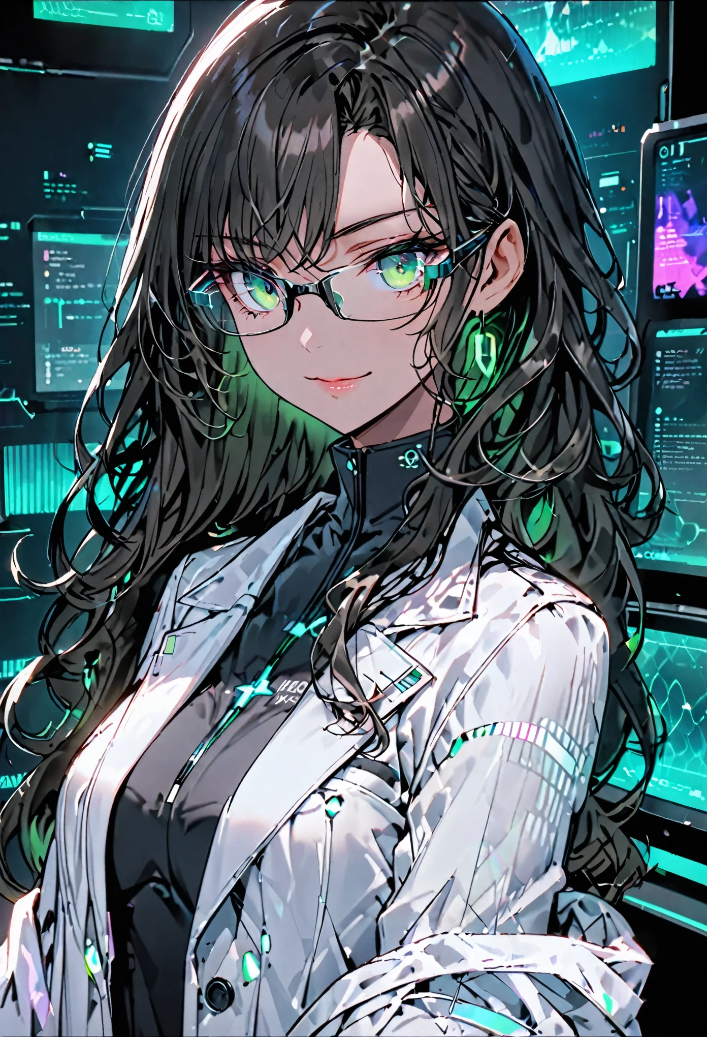 deep oceanic green eyes, holographic displays, dark chestnut hair, long hair, wavy hair:0.4, olive skin, voluptuous figure, tailored suits, exuding confidence and control, solo, female, sfw, medium shot, lab, futuristic, gentle smile, low light, warm, black glasses, thin rimmed glasses, white lab coat, cleavage:0.1