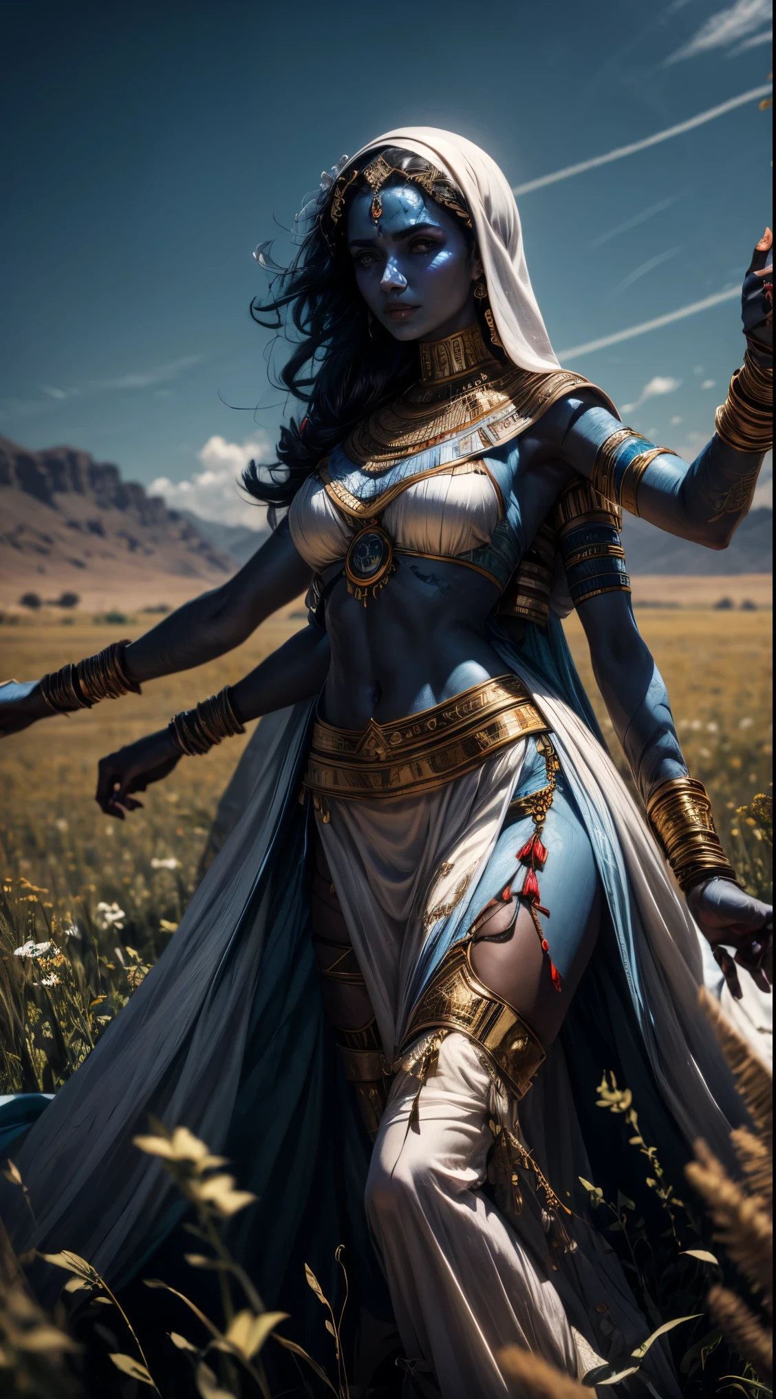 arab woman, blue skin, she has four arms, indian woman, arabian rogue battle white clothes, field background