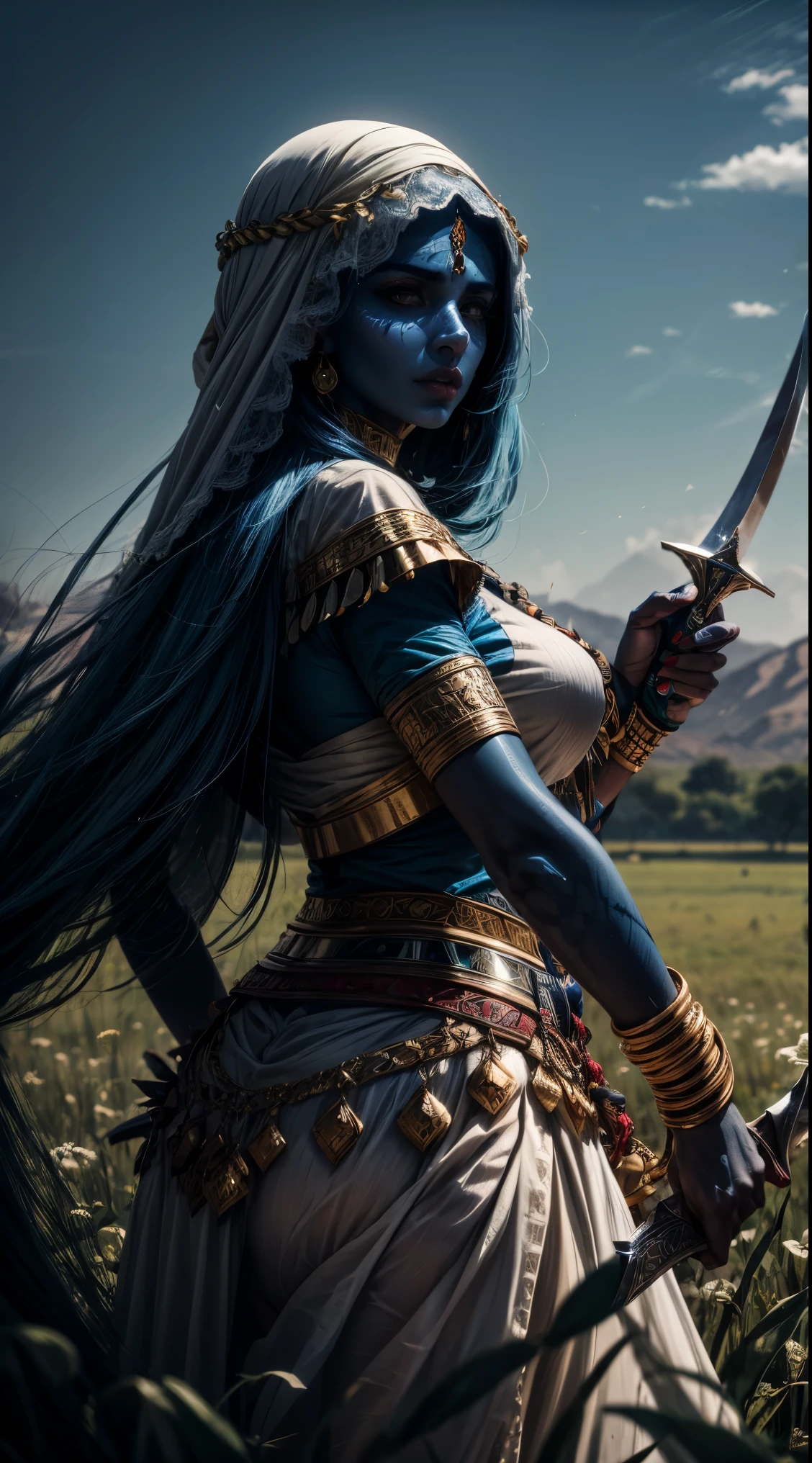 arab woman, blue skin, she has four arms, arabic swords on each hand, indian woman, arabian rogue battle white clothes, arabic swords, field background