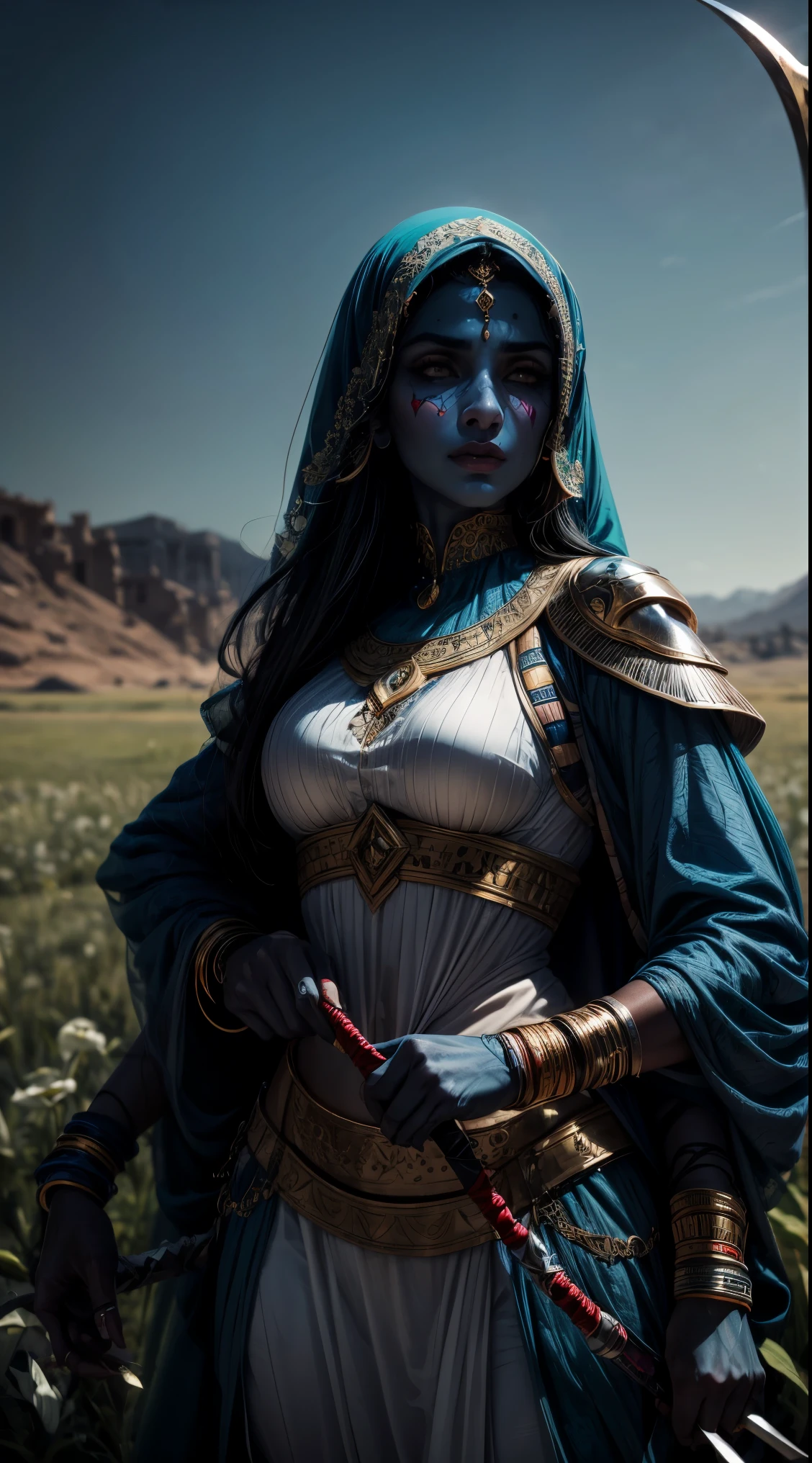 arab woman, blue skin, she has four arms, arabic swords on each hand, indian woman, arabian rogue battle white clothes, arabic swords, field background