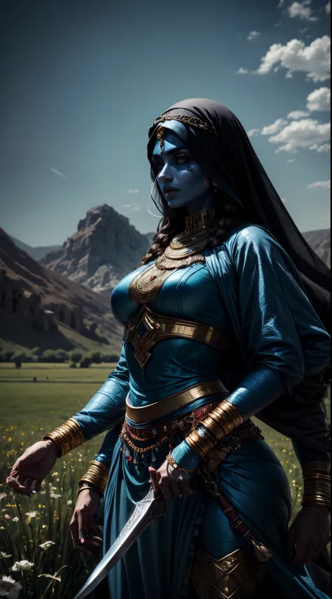 arab woman, blue skin, she has four arms, arabic swords on each hand, indian woman, arabian rogue battle white clothes, arabic s...