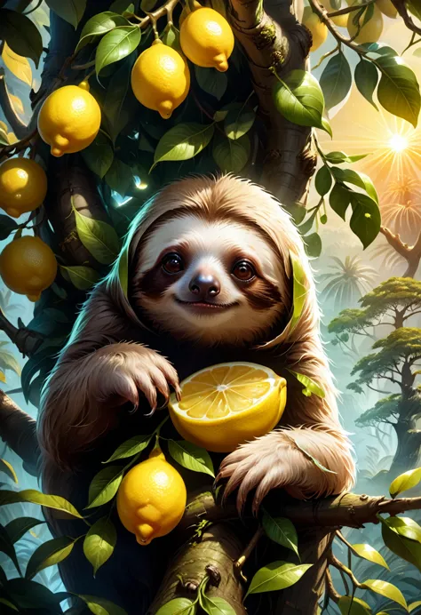 lemon eating challenge, Lovely sloth with big brown eyes sitting in a tree eating a lemon, beautiful background, sunset lighting...