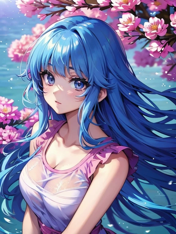 Masterpiece, distant attempt, HD12K quality, ultra detailed, disheveled hair, shoujo anime, a beautiful girl, casual style, Fashion model, POV in an interview, office of a modeling agency, beautiful detailed eyes, fairy face, colorful bubbles effect (High Saturation) colorful flash, focus on face, kamisato ayaka, light blue hair, short bangs, hairpins, floating flowers (shoujo anime effect), flowing hair, medium brightness, low shadow effect,