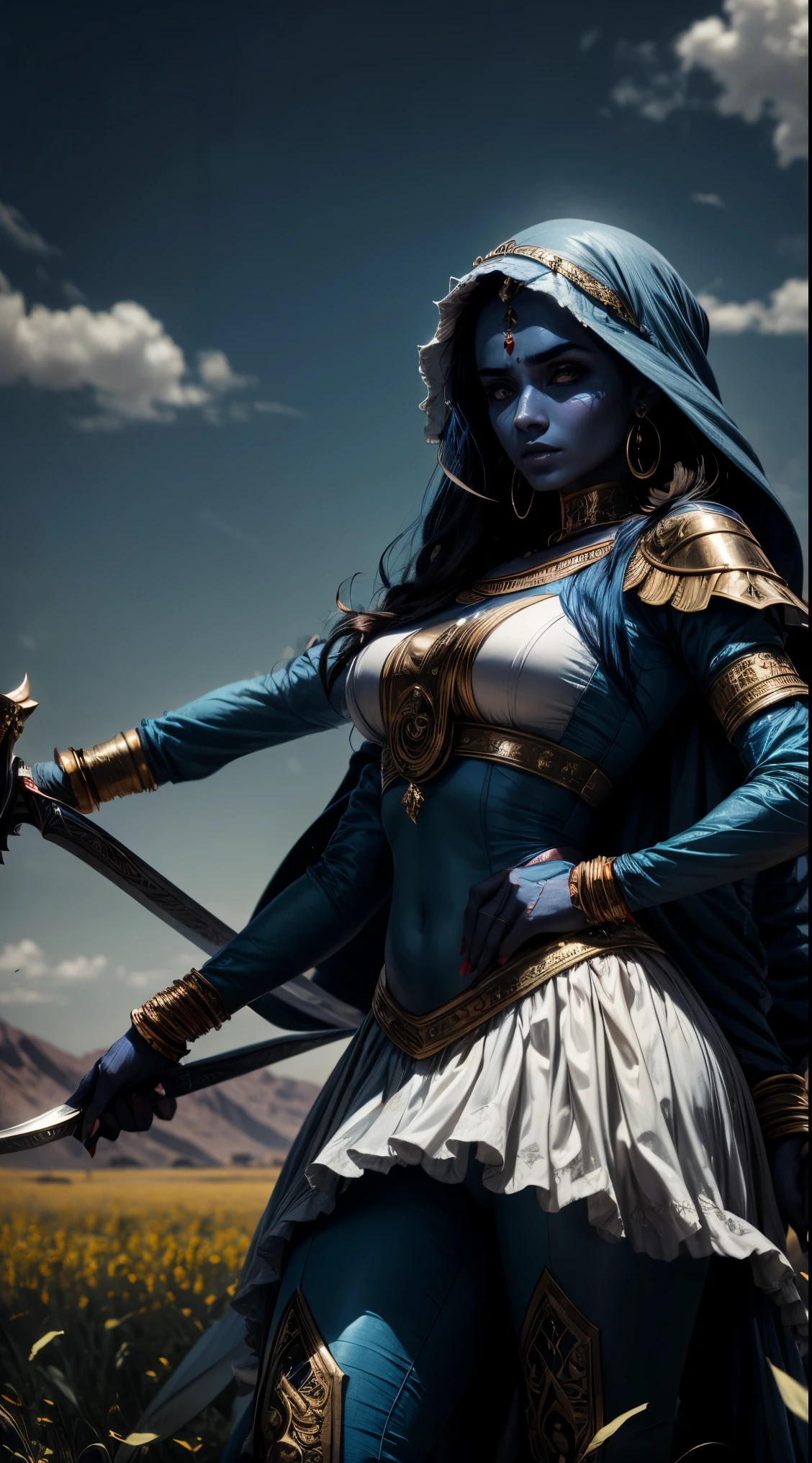 arab woman, blue skin, she has four arms, arabic swords on each hand, indian woman, arabian rogue battle white clothes, arabic swords, field background