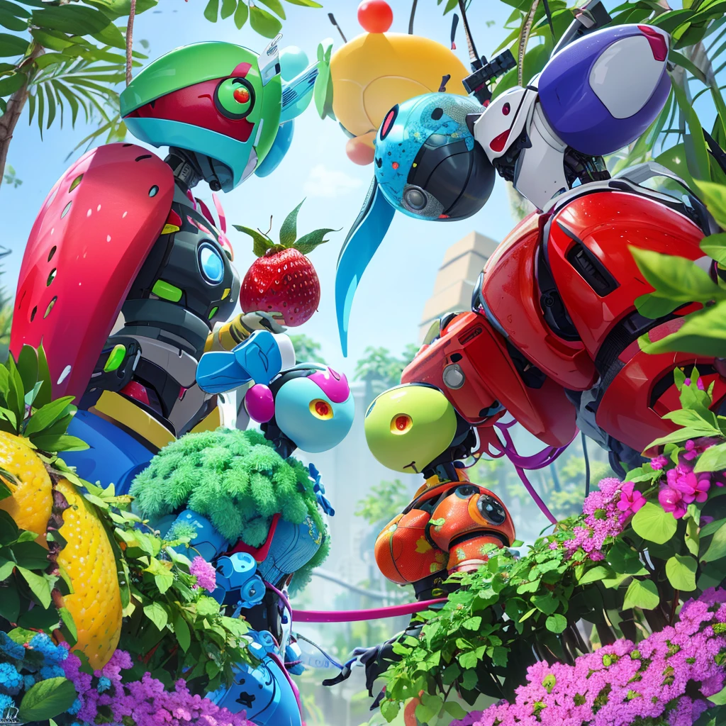 Fruit themed robots with feminine forms (colorful, curvy, sultry) face off against insect themed robots with male forms 9powerful, bulky), epic showdown on a battle scarred cyber world
