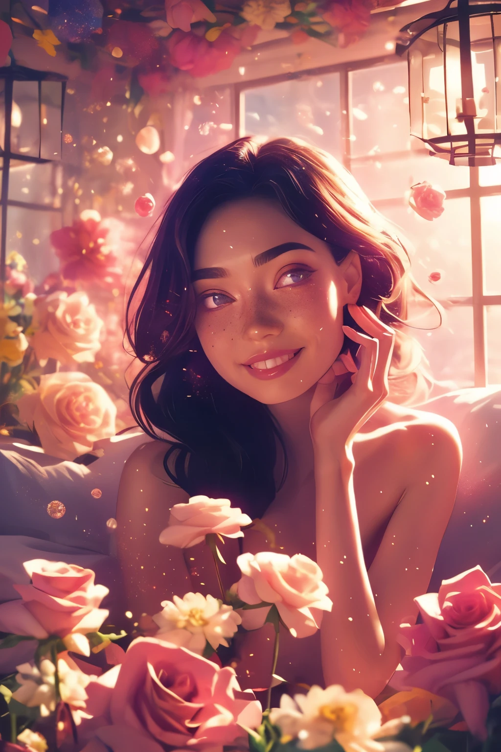 (Este es un hermoso, Intrincado, (romántico) fantasy image that emphasizes beauty y grace.) Generate a blind curvy woman con soft natural freckles. Her face is important y should be (perfectamente formado) con (beautiful labios hinchados) y (características perfectas). Hay una linda marca de nacimiento con pecas en su labio.. The image exudes ethereal beauty y soft fantasy, con brillaring shades of pink throughout. Surround her con eternal roses in brillaring shades. Asegurar la perfección en su rostro., cabello, y eyes. Include dulce y detailed birds y soft, luminous flowers y detailed roses. Utilize dynamic composition y dramatic lighting y cinematic lighting to create an interesante fantasy image. The background of the image is interesante y ultra-detailed, con soft fantasy lighting y gradients. Incluir detalles de fantasía, linda aura, Vistoso, vistoso, y interesante magical background. ((bonita habitación)), ((cama)), El fondo de la imagen está decorado en tonos rosas., brillar, Brillantina, y fantasy details like colored bubbles y cosmos. Incluye pecas sutiles, natural freckles y a diffused realistic skin tone. Incorporar elementos de alta fantasía., Capricho, y detailed elegance. rosa inglesa, Princesa, cortesana, aristócrata, dulce, Encantador, Calma, Encantador, brillaring, brillando, Brillantinaing, fantasía astrológica, (((obra maestra))), (de la máxima calidad), rosa magica, jardín de fantasía, Hermoso rostro, cara perfecta, labios hinchados, interesante, Sonrisa tímida, elementos de fantasia, rosa magica, Ojos bonitos, perfect labios hinchados, tonos joya, luminosidad. Taken con a canon camera.