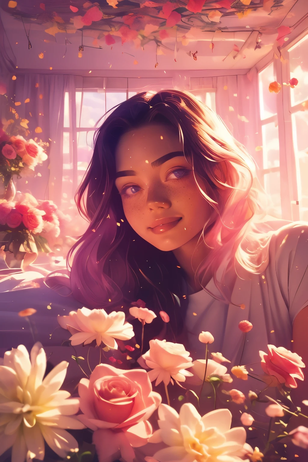 (นี่คือสิ่งที่สวยงาม, ซับซ้อน, (โรแมนติก) fantasy image that emphasizes beauty และ grace.) Generate a blind curvy woman กับ soft natural freckles. Her face is important และ should be (เกิดขึ้นได้อย่างสมบูรณ์แบบ) กับ (beautiful ริมฝีปากบวม) และ (คุณสมบัติที่สมบูรณ์แบบ). มีปานกระที่น่ารักอยู่บนริมฝีปากของเธอ. The image exudes ethereal beauty และ soft fantasy, กับ ระยับing shades of pink throughout. Surround her กับ eternal roses in ระยับing shades. รับรองความสมบูรณ์แบบบนใบหน้าของเธอ, ผม, และ eyes. Include หวาน และ detailed birds และ soft, luminous flowers และ detailed roses. Utilize dynamic composition และ dramatic lighting และ cinematic lighting to create an น่าสนใจ fantasy image. The background of the image is น่าสนใจ และ ultra-detailed, กับ soft fantasy lighting และ gradients. รวมรายละเอียดแฟนตาซี, ออร่าน่ารัก, มีสีสัน, มีสีสัน, และ น่าสนใจ magical background. ((ห้องสวย)), ((เตียง)), พื้นหลังของภาพตกแต่งด้วยโทนสีชมพู, ระยับ, แวววาว, และ fantasy details like colored bubbles และ cosmos. รวมไปถึงฝ้ากระที่ละเอียดอ่อน, natural freckles และ a diffused realistic skin tone. ผสมผสานองค์ประกอบแห่งจินตนาการอันสูงส่ง, แปลก, และ detailed elegance. กุหลาบอังกฤษ, เจ้าหญิง, โสเภณี, หญิงสูงศักดิ์, หวาน, น่ารัก, เงียบสงบ, น่ารัก, ระยับing, แวววาว, แวววาวing, จินตนาการทางโหราศาสตร์, (((ผลงานชิ้นเอก))), (คุณภาพสูงสุด), มายากลเพิ่มขึ้น, สวนแฟนตาซี, หน้าสวย, ใบหน้าที่สมบูรณ์แบบ, ริมฝีปากบวม, น่าสนใจ, ยิ้มขี้อาย, องค์ประกอบแฟนตาซี, มายากลเพิ่มขึ้น, ดวงตาสวย, perfect ริมฝีปากบวม, โทนสีอัญมณี, ความส่องสว่าง. Taken กับ a canon camera.