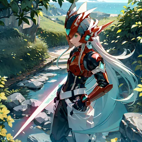 megzeromyth2023, 1boy, long white hair, red armor, green energy sword, 8k, uhd, high quality, masterpiece, overlooking the ocean...