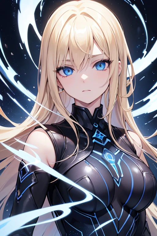 A beautiful blonde-haired, blue-eyed 16-year-old female assassin with cosmic powers, intricate detailed face and eyes, long lashes, flawless skin, mysterious expression, sleek black bodysuit, cosmic energy swirling around, dark shadowy background, cinematic lighting, highly detailed, photorealistic, digital art, masterpiece