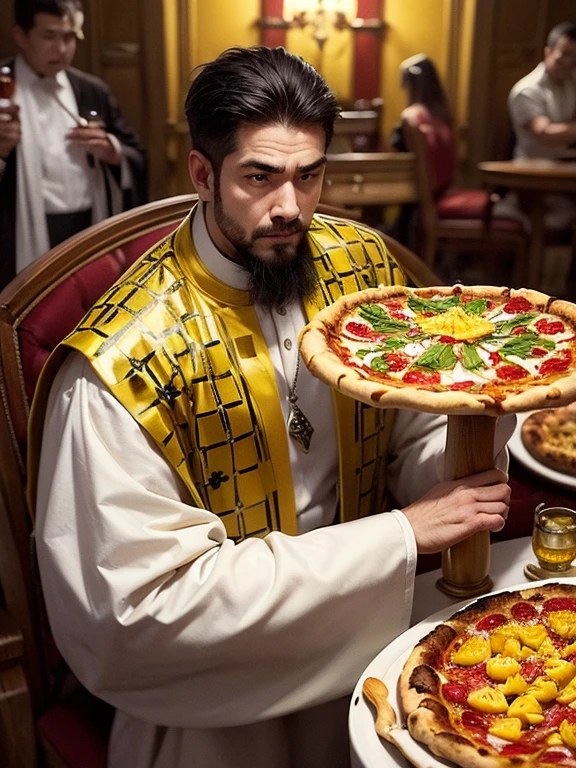 Masterpiece, distant attempt, HD12K quality, ultra detailed, a priest in complete indignation, holding his crucifix, while observing a table with a checkered tablecloth with a huge pizza with large slices of pineapple with a bottle of ketchup and a bottle of yellow mustard next to a plate with a slice,