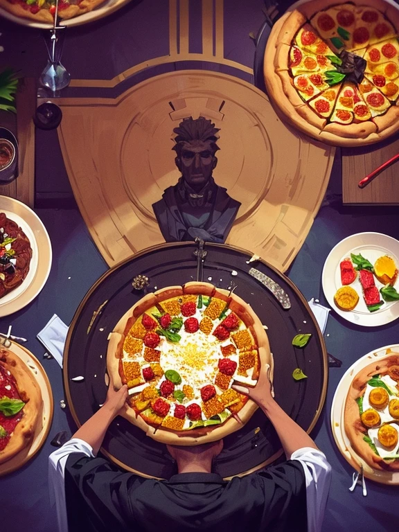 Masterpiece, distant attempt, HD12K quality, ultra detailed, a priest in complete indignation, holding his crucifix, while observing a table with a checkered tablecloth with a huge pizza with large slices of pineapple with a bottle of ketchup and a bottle of yellow mustard next to a plate with a slice,