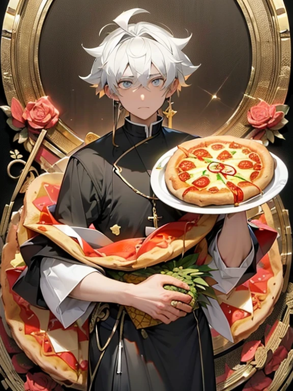 Masterpiece, distant attempt, HD12K quality, ultra detailed, a priest in complete indignation, holding his crucifix, while observing a table with a checkered tablecloth with a huge pizza with large slices of pineapple with a bottle of ketchup and a bottle of yellow mustard next to a plate with a slice,