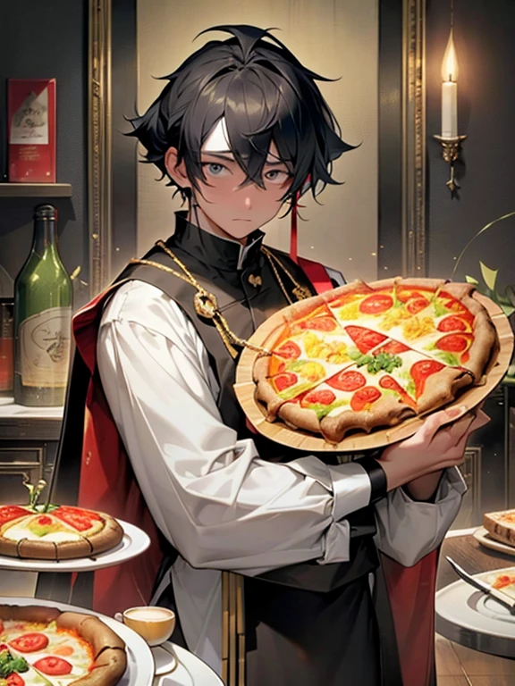 Masterpiece, distant attempt, HD12K quality, ultra detailed, a priest in complete indignation, holding his crucifix, while observing a table with a checkered tablecloth with a huge pizza with large slices of pineapple with a bottle of ketchup and a bottle of yellow mustard next to a plate with a slice,
