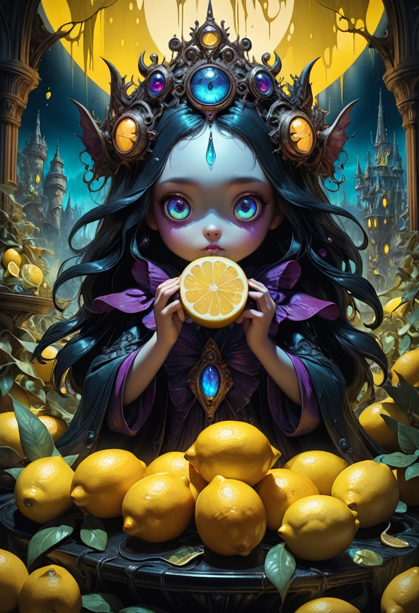 lemon eating challenge, intricately detailed cute adorable lemon creature eating sliced lemon fruit, large adorable eyes, low angle viewpoint, yellow background!!!, A breathtaking masterpiece fantasycore artwork by Kim Keever Antoine Collignon Wadim Kashin Tim Burton, realism; incredible composition; dynamic lighting; meticulously composed concept art, digital illustration, Reflections, cell-shaded, Volumetric lighting, Eldritch, sparkling, magic, maximalist highly detailed and intricate professional photography, 8k resolution concept art, Artstation, triadic colors, Unreal Engine 5, cgsociety, octane photograph