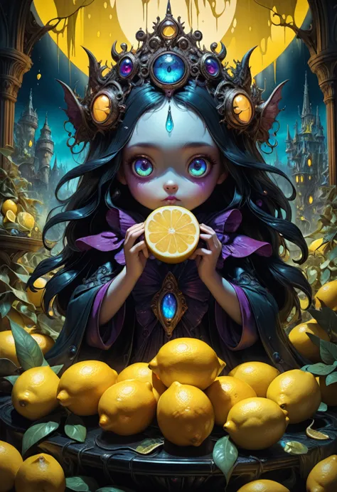 lemon eating challenge, intricately detailed cute adorable lemon creature eating sliced lemon fruit, large adorable eyes, low an...