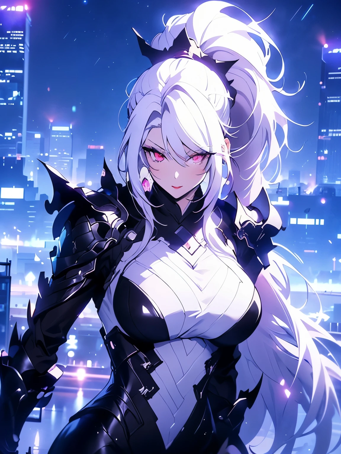 anime, (artwork, best quality, ultra-detailed, high contrast), 1 woman (Alone, full body, plus size body, standing on the edge of the skyscraper, silver hair, LONG In a ponytail, red eyes (detailed eyes), passionate expression, red lips (perfect lips), ruby sparkles, (simple black qipao), high heel boots neon pink), transparent black socks), (skyscraper roof, overlooking a city, detailed background ((night time, Darkness, low light pollution))) face in close