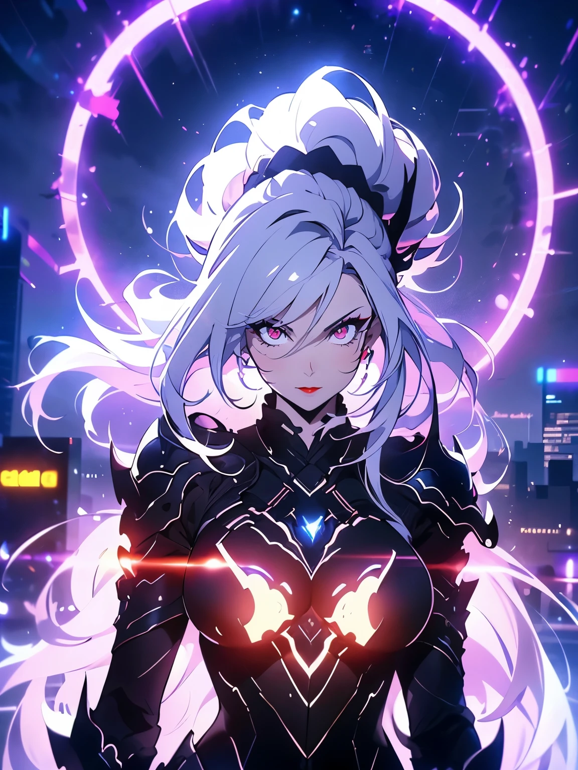 anime, (artwork, best quality, ultra-detailed, high contrast), 1 woman (Alone, full body, plus size body, standing on the edge of the skyscraper, silver hair, LONG In a ponytail, red eyes (detailed eyes), passionate expression, red lips (perfect lips), ruby sparkles, (simple black qipao), high heel boots neon pink), transparent black socks), (skyscraper roof, overlooking a city, detailed background ((night time, Darkness, low light pollution))) face in close